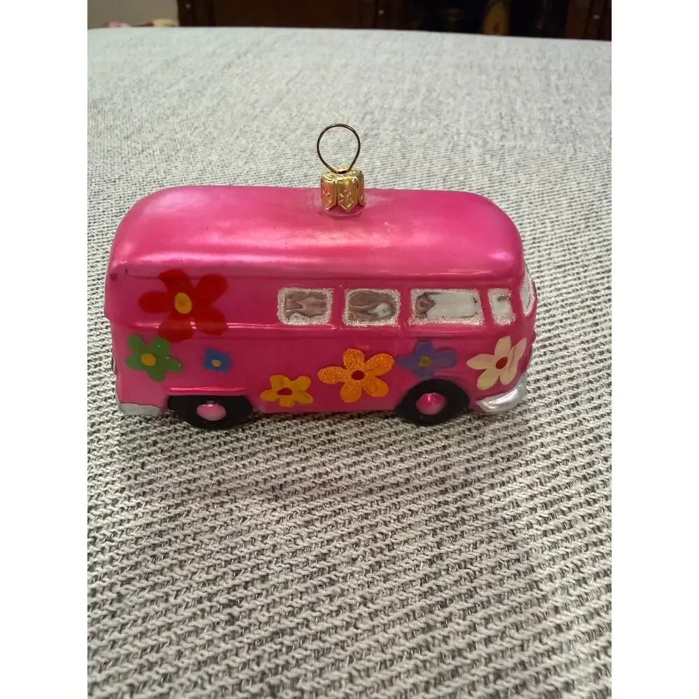 Hippie Bus Glass Christmas Ornament Pink Retro Van Peace Flower Power.